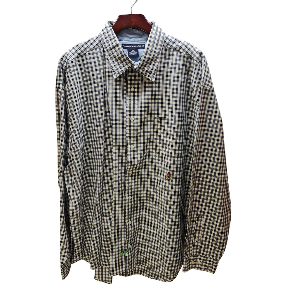 Tommy Hilfiger Men XXL Plaid Button D Shirt Navy Yellow Crest Logo LS see photo